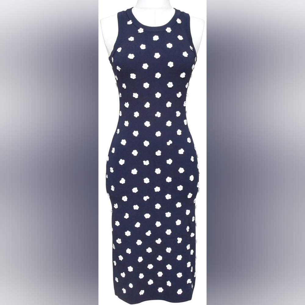 MICHAEL KORS Sleeveless Dress Midi Sequin Navy Blue Floral Crew Neck  SZ Small